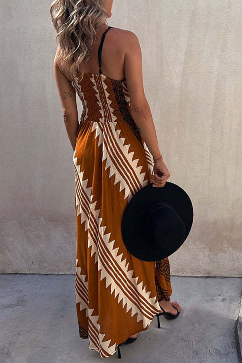 Vestidos bohemios de vacaciones con cuello en V y estampado de rayas y patchwork