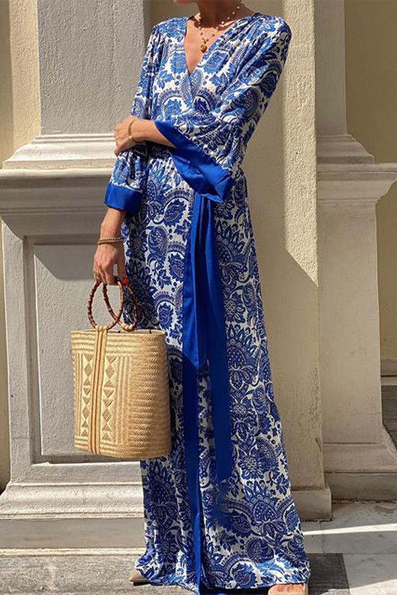 Vestidos bohemios vintage con estampado floral y escote en V