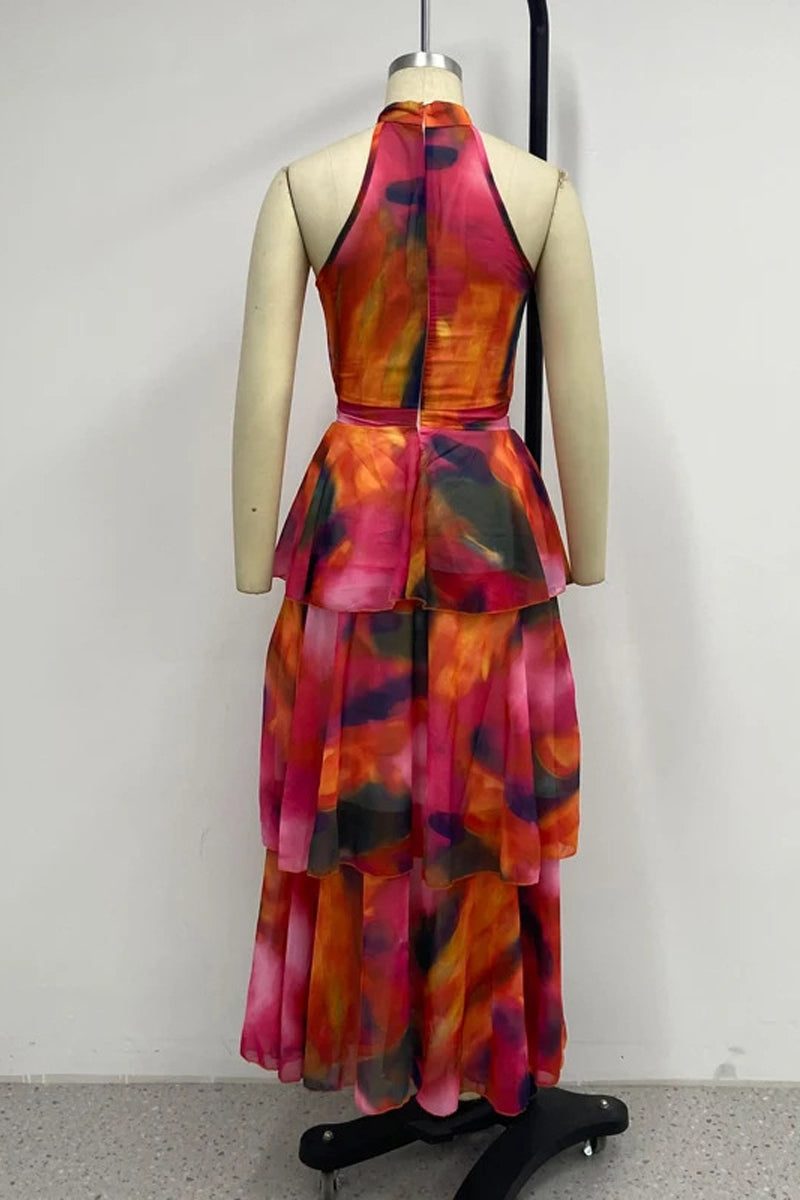 Vestidos sexis con cuello alto, falda pastel y orillo fibroso con estampado degradado