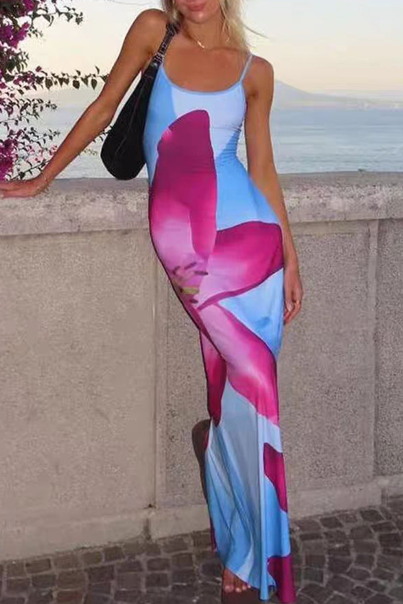 Vestidos sexis con estampado de flores y escote en U, falda de un solo paso