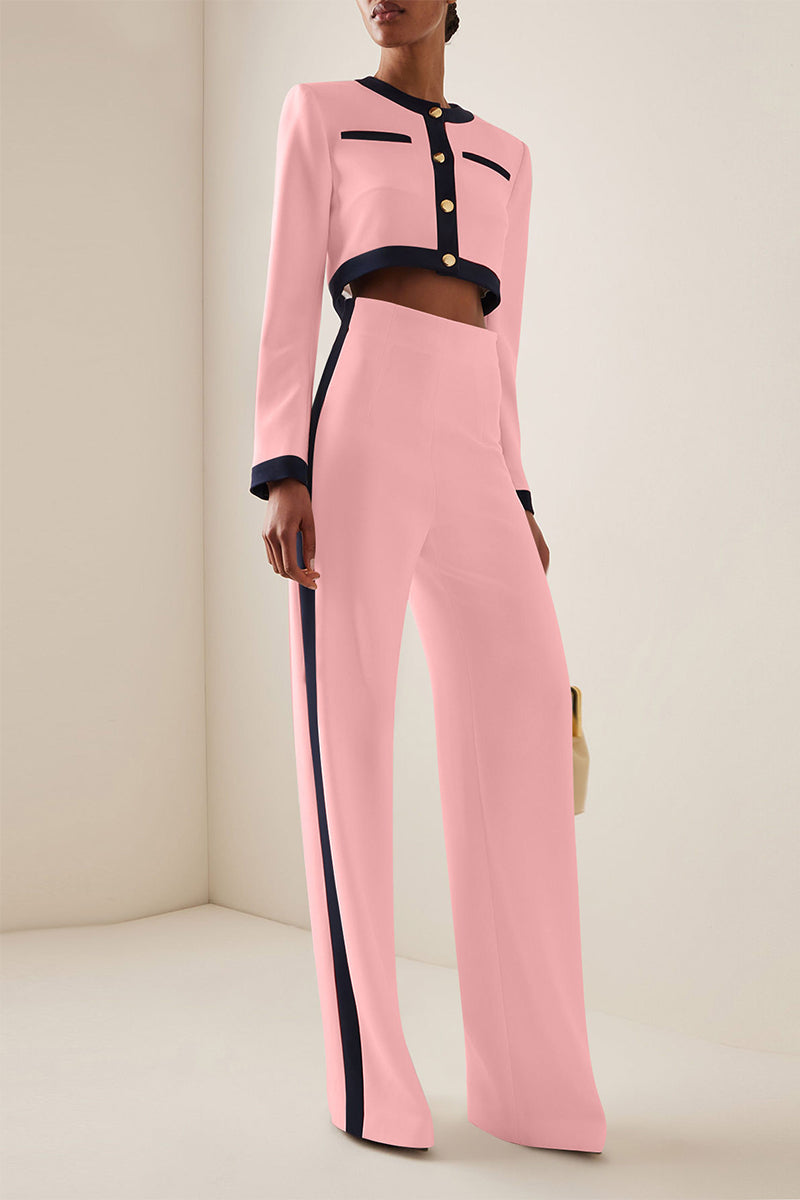 Conjunto de dos piezas con cuello redondo, manga larga y rayas de estilo británico (6 colores)