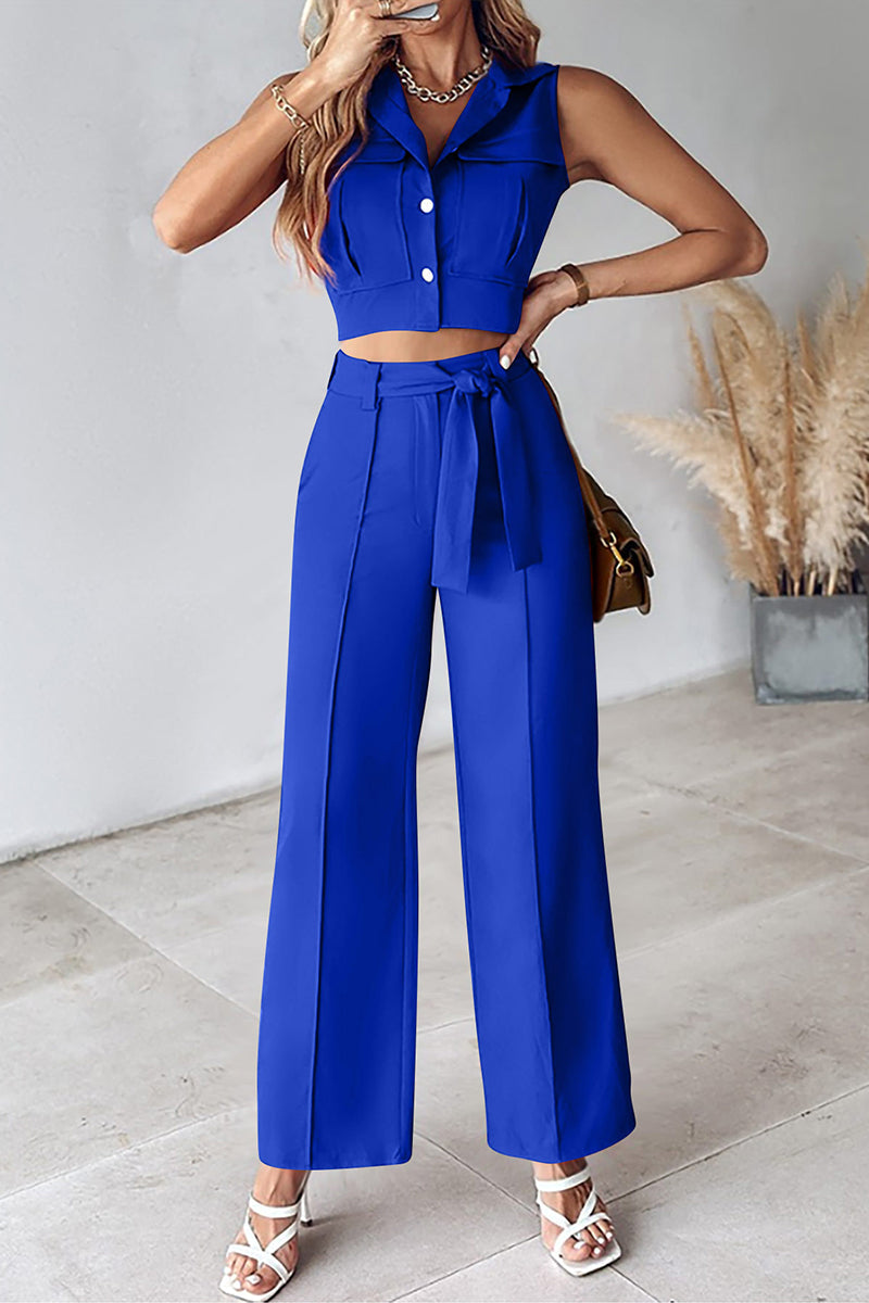 Conjunto informal de dos piezas, sin mangas, con cuello vuelto, liso y frenillo (6 colores)