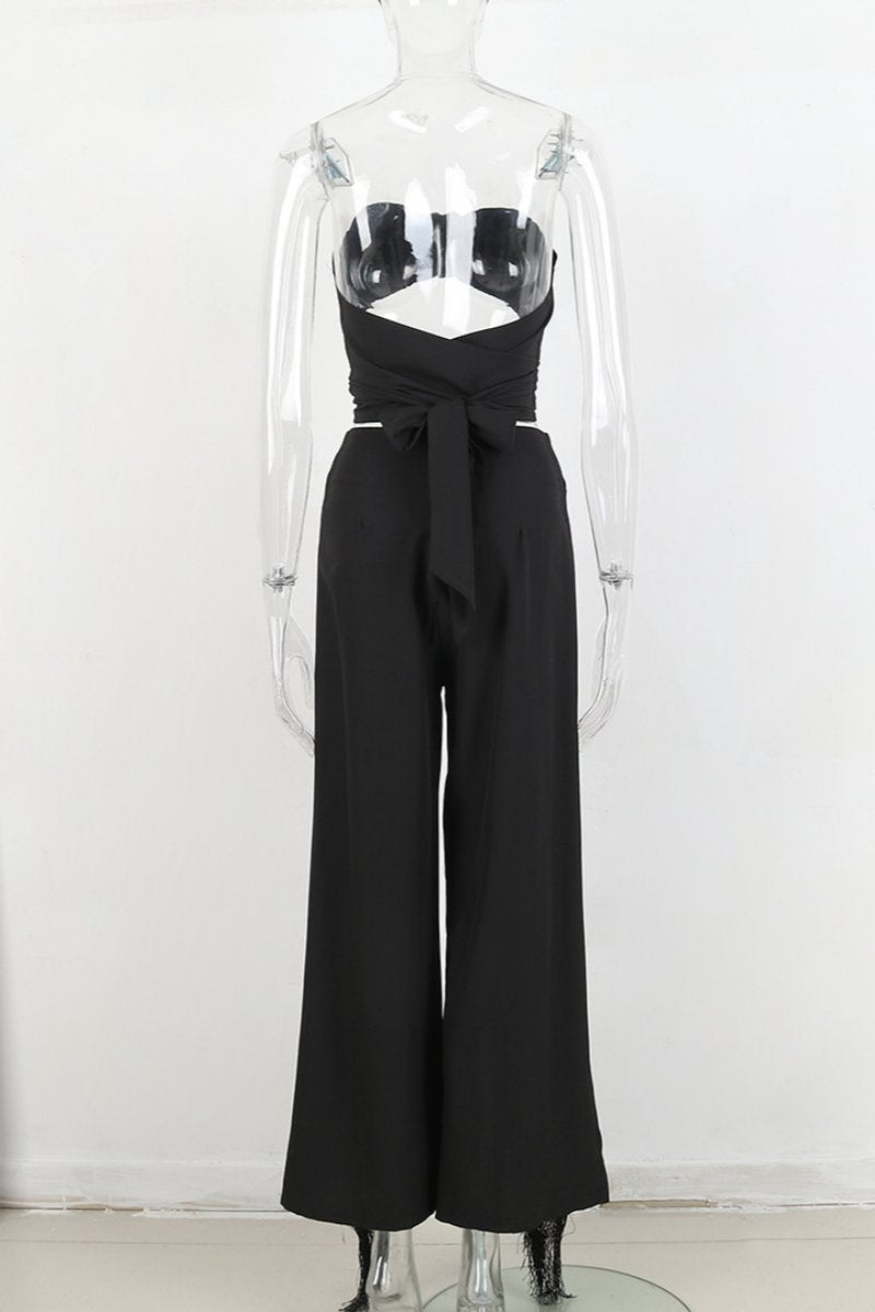 Conjunto de dos piezas sexy informal con borlas sólidas, ahuecado, sin espalda, con abertura y sin tirantes