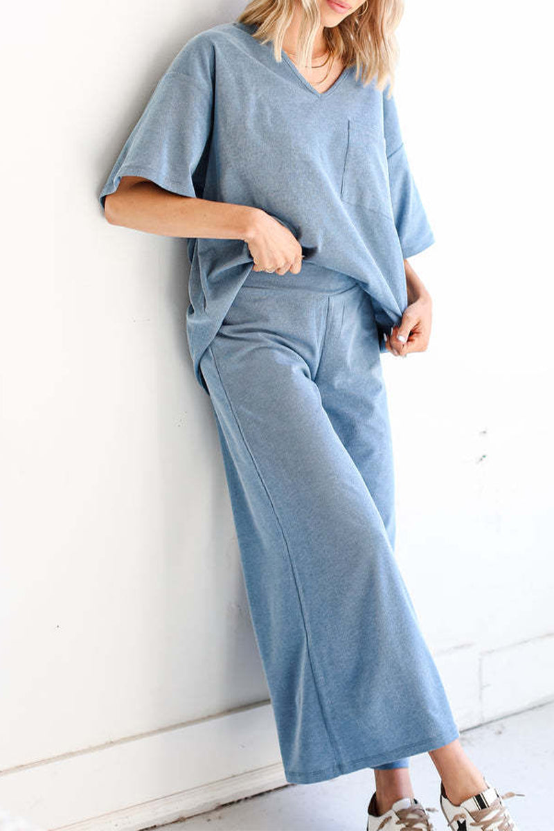 Conjunto informal sencillo de dos piezas con cuello en V, manga corta y bolsillos lisos (4 colores)