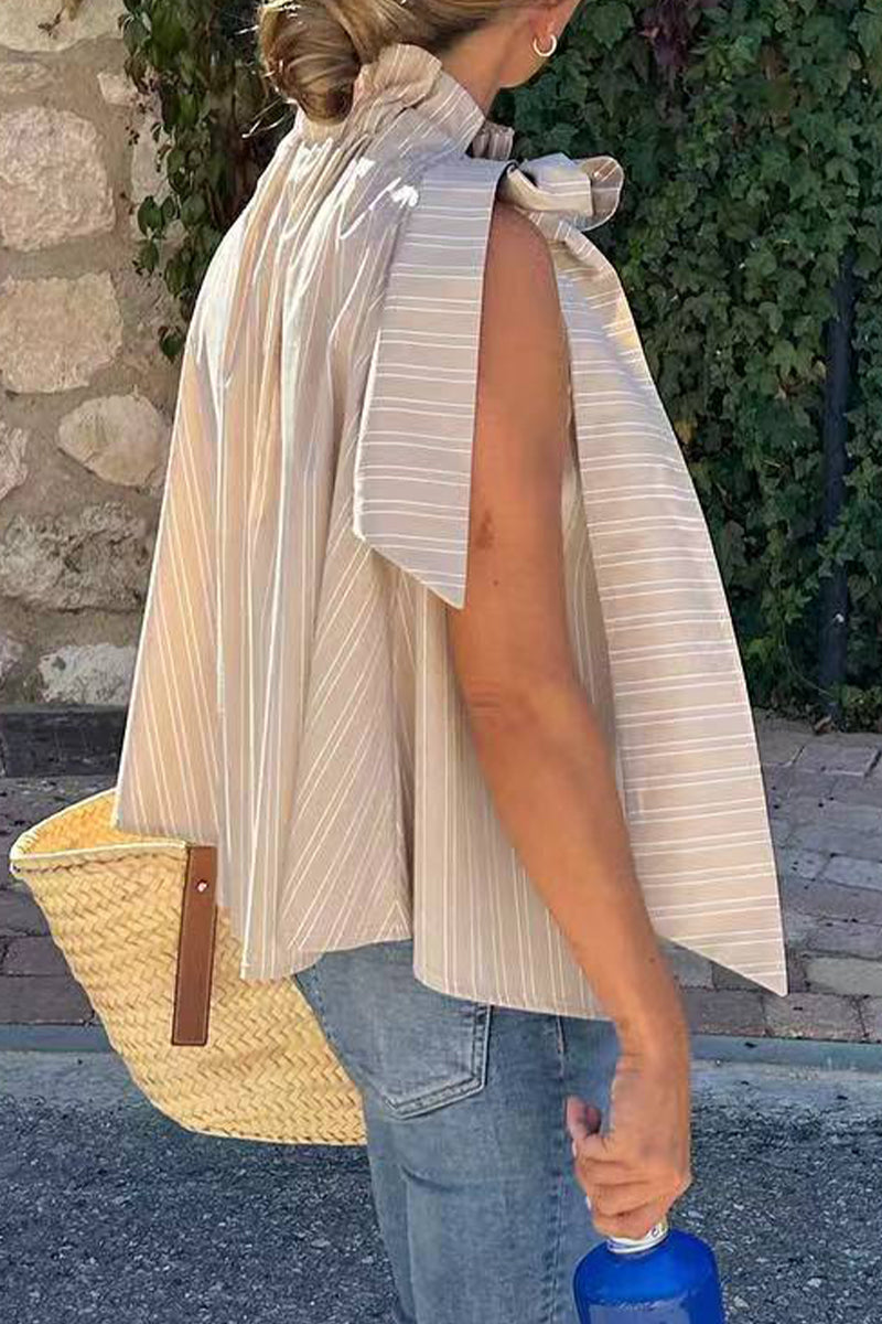 Elegante blusa a rayas con cuello de hoja de loto (3 colores)