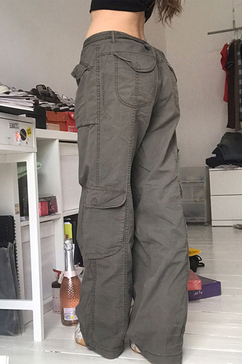 Pantalones casuales de color liso con bolsillos, sueltos, de cintura baja y rectos