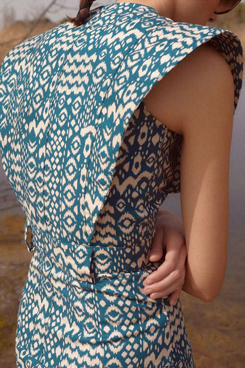 Elegante vestido de falda de un solo paso con cuello redondo, botones y bolsillos florales