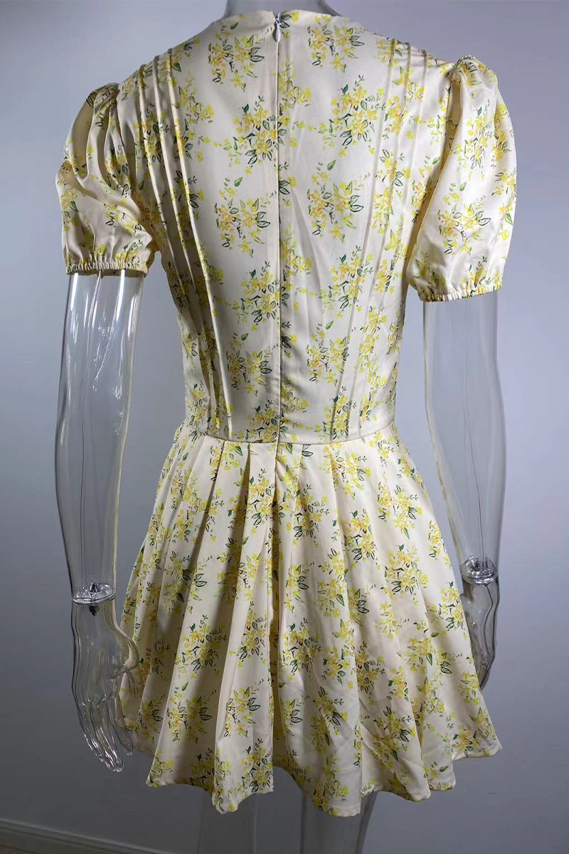 Vestidos elegantes y dulces con estampado de flores y escote en V tipo A