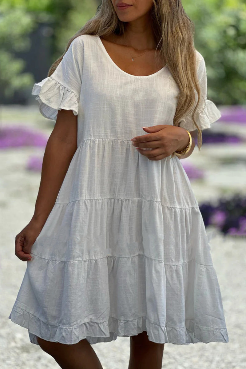 Vestido informal sencillo de manga corta con volantes, cuello redondo y corte A (3 colores)