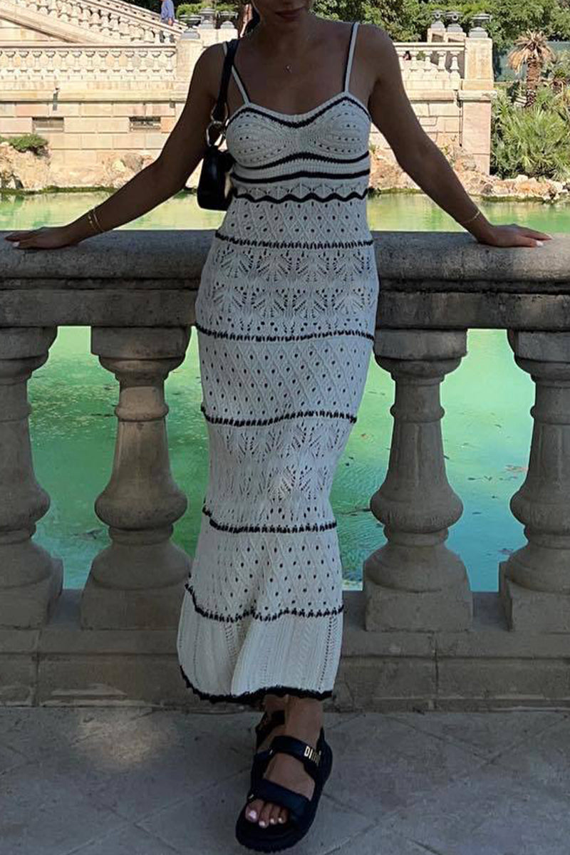 Vestido sexy de una sola pieza con escote en V y tejido en contraste, con aberturas y falda de un solo paso