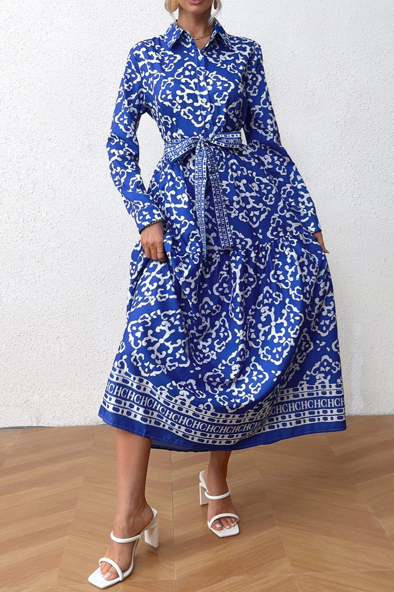 Vestidos casuales de manga larga con cuello camisero y estampado de patchwork