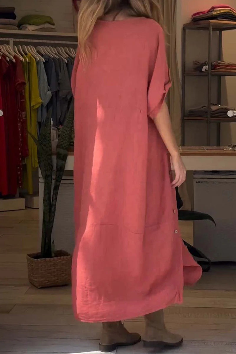 Vestido informal sencillo de manga corta con cuello redondo y botones lisos (6 colores)