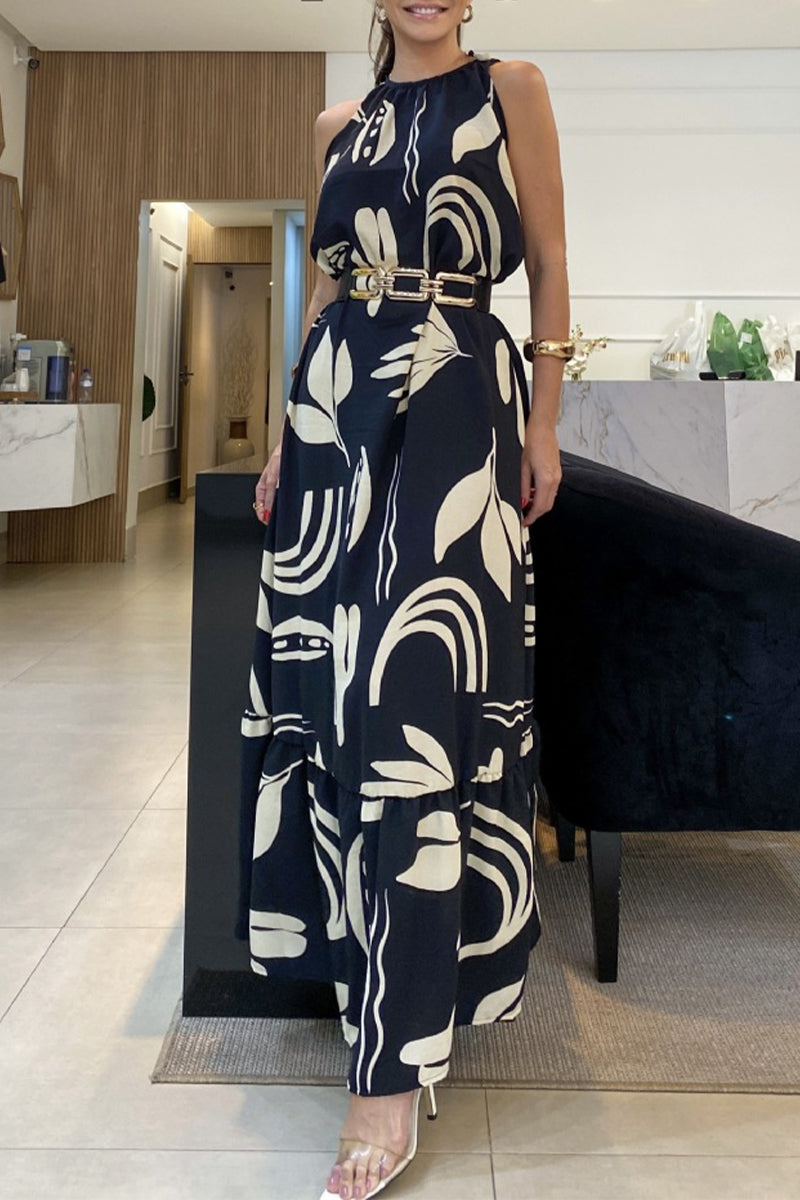 Elegante vestido estampado geométrico con pliegues y cuello redondo sin cinturón