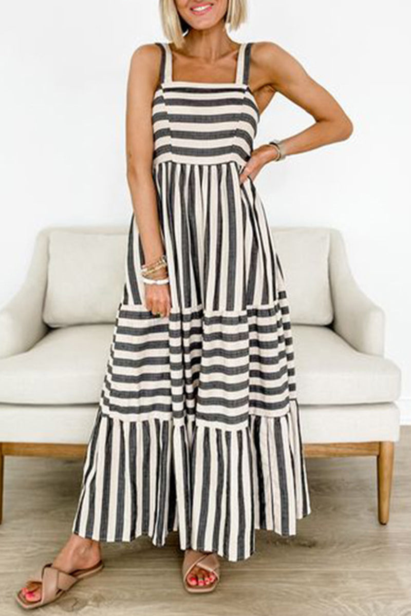 Vestidos de tirantes con cuello cuadrado y patchwork con estampado de rayas