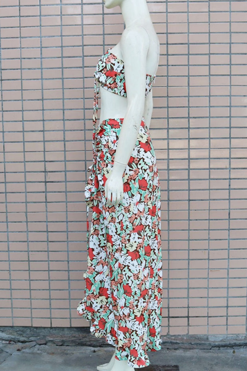 Conjunto de dos piezas sexy informal con estampado de cordón, espalda descubierta, abertura, sin tirantes y sin mangas (3 colores)