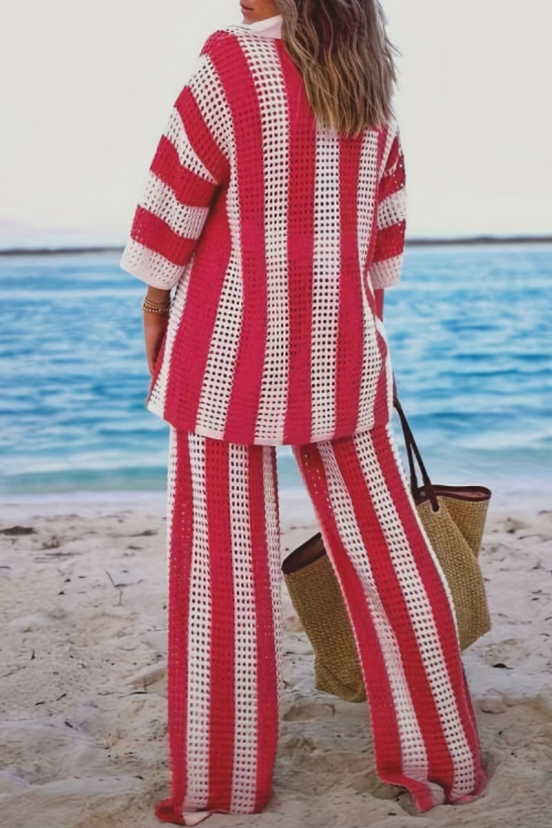 Conjunto de dos piezas informal de patchwork con escote en V, manga larga y contraste ahuecado