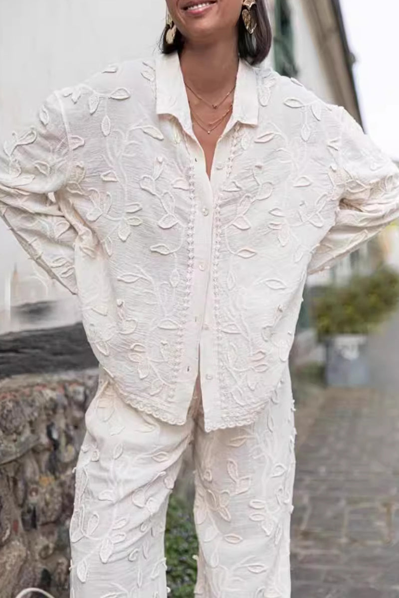 Conjunto informal de dos piezas de manga larga con cuello vuelto y jacquard liso