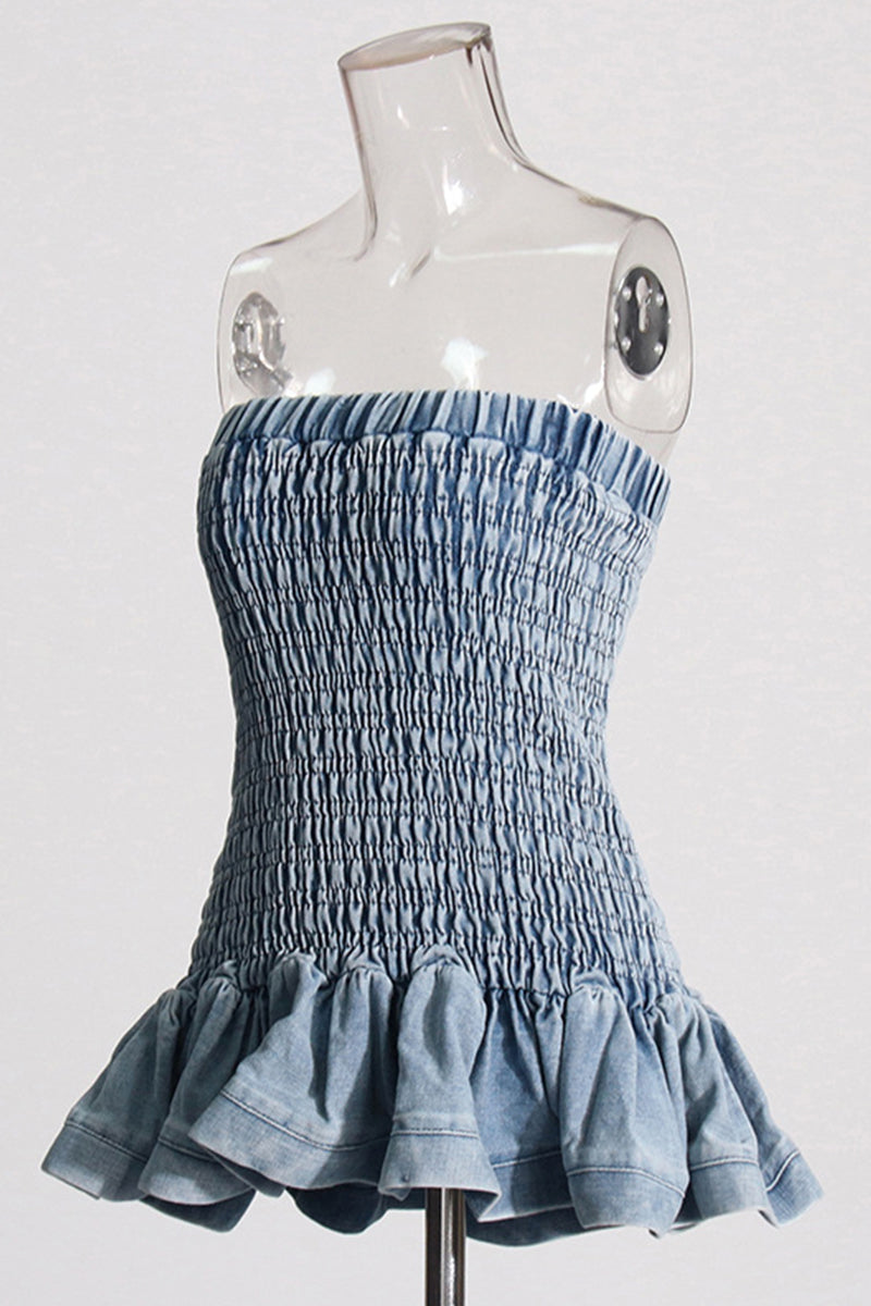 Tops vaqueros ajustados sexis informales de color liso sin espalda, sin tirantes y sin mangas