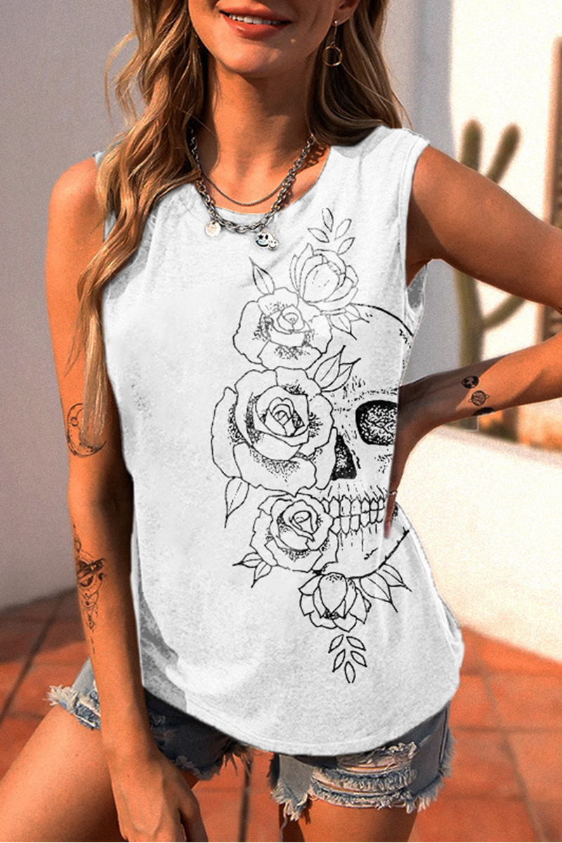 CAMISETA DE MUJER CLÁSICA CON ESTAMPADO DE ROSAS Y CALAVERAS