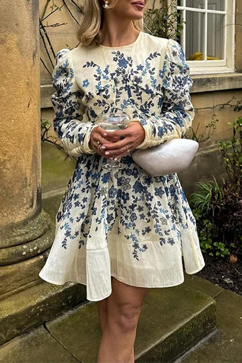 Vestidos elegantes de corte A con cuello redondo, estampado de hojas y patchwork