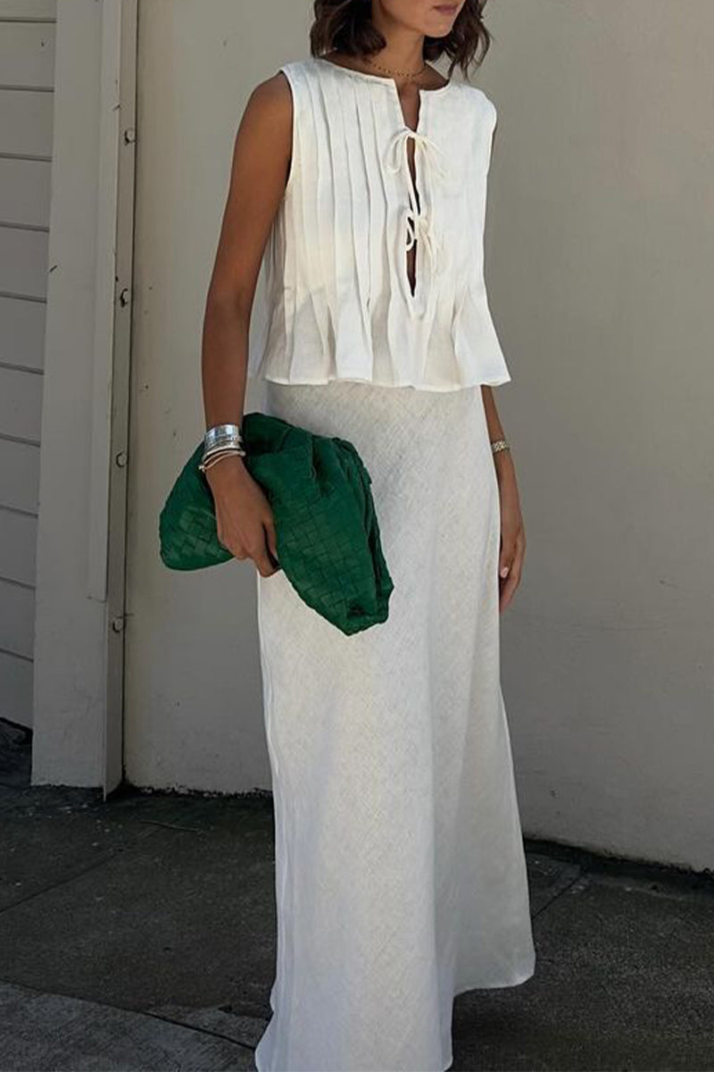 Conjunto informal de dos piezas con cuello redondo fruncido, sin mangas y cordones para uso diario