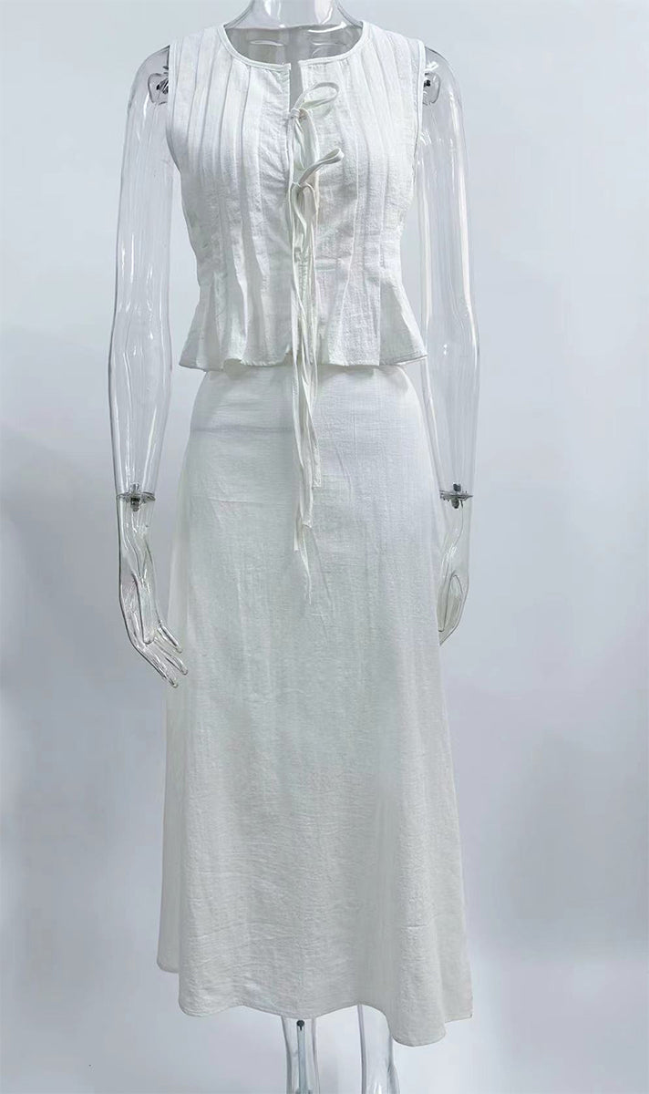 Conjunto informal de dos piezas con cuello redondo, sin mangas, color sólido, con cordones y fruncido