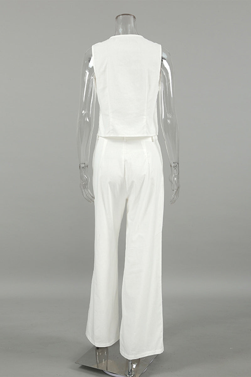 Conjunto informal de dos piezas con cuello en V, sin mangas, color sólido, bolsillos, botones y bolsillos