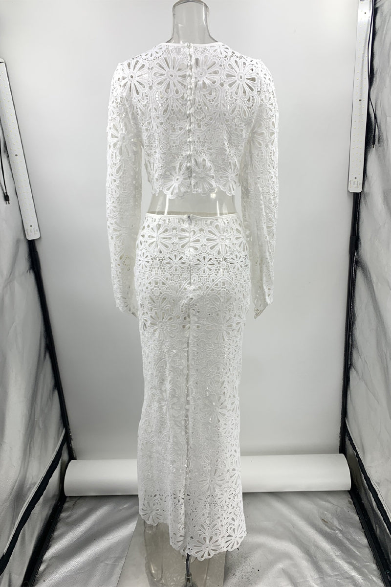 Conjunto de dos piezas de manga larga con cuello redondo y encaje calado de color sólido sexy