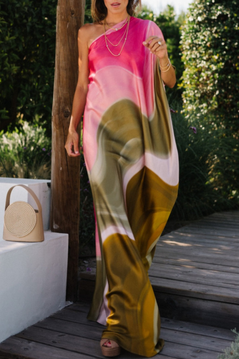 Vestidos largos casuales con cuello oblicuo, espalda descubierta y estampado