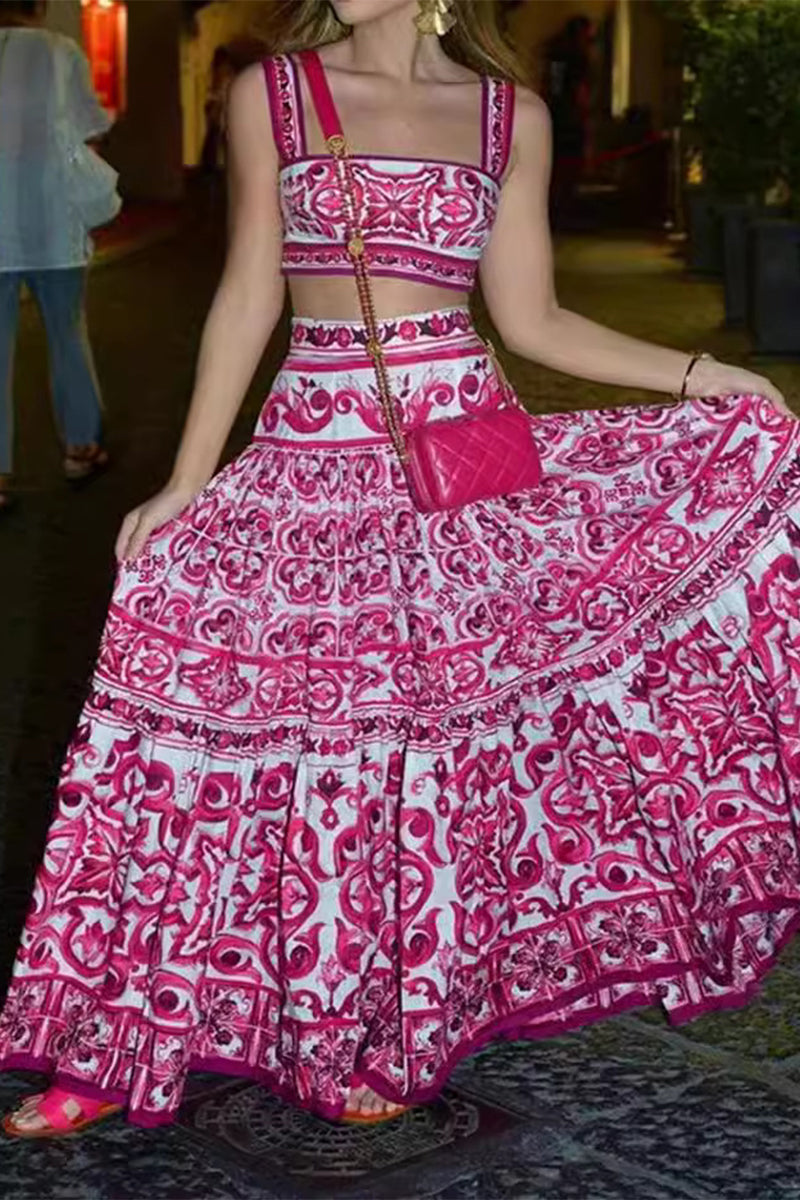 Conjunto de dos piezas sin mangas con escote cuadrado y estampado geométrico sexy