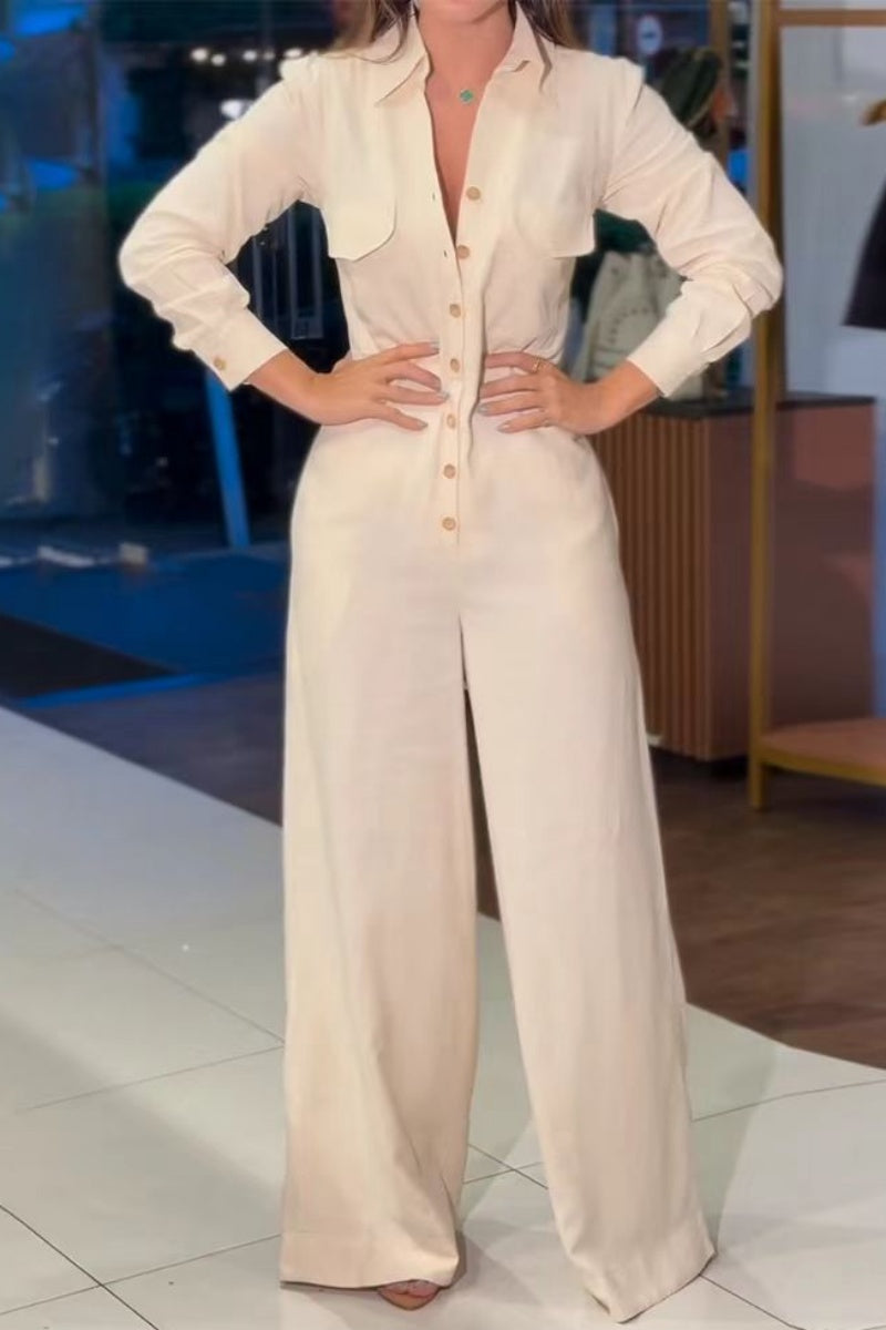 Monos casuales de color sólido con bolsillos y cuello vuelto