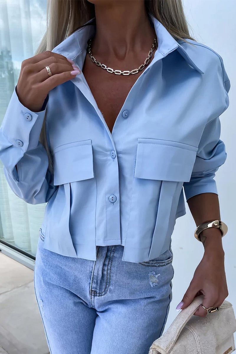 Blusa informal de cuello camisero con botones y patchwork de color liso para uso diario (3 colores)