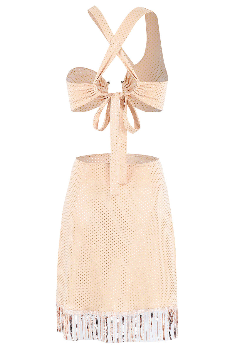 Celebridades - Conjunto de dos piezas con lentejuelas, patchwork, dobladillo con flecos, cuello asimétrico, sin mangas