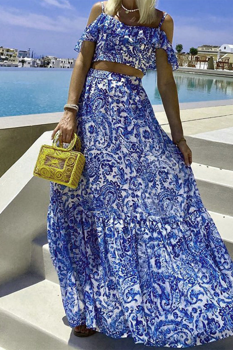 Conjunto informal de dos piezas con estampado floral y volantes de manga corta para vacaciones