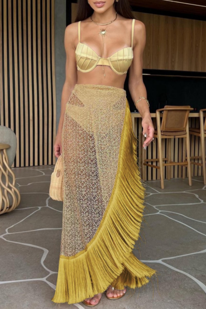 Traje de baño sexy de tres piezas con flecos, espalda descubierta y estampado de leopardo (4 colores)