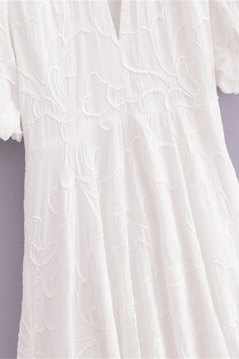 Vestido informal de manga corta con escote en V y textura de color liso para uso diario