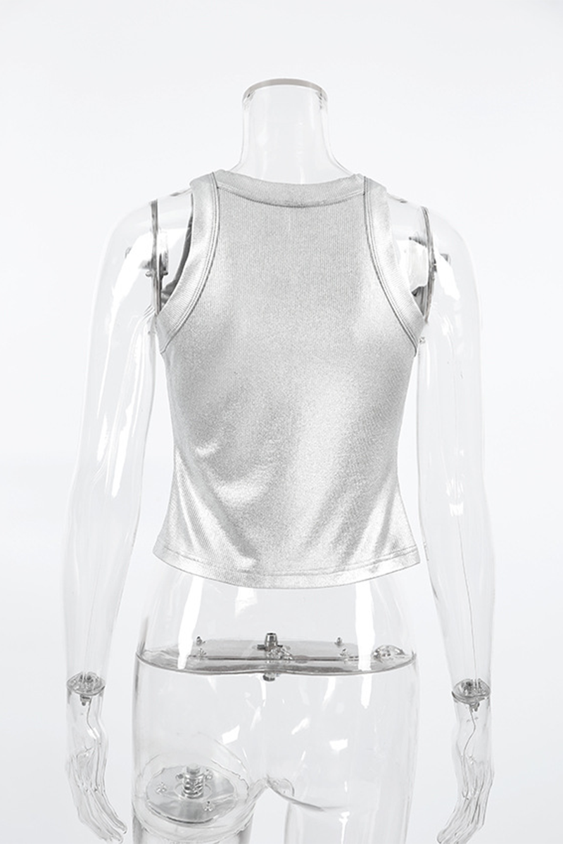 Tops casuales de cuello redondo reflectantes fruncidos con parches para uso diario