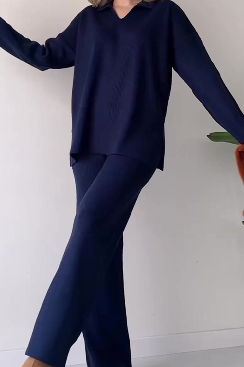 Conjunto informal de dos piezas con escote en V, manga larga, color liso y abertura para uso diario (5 colores)