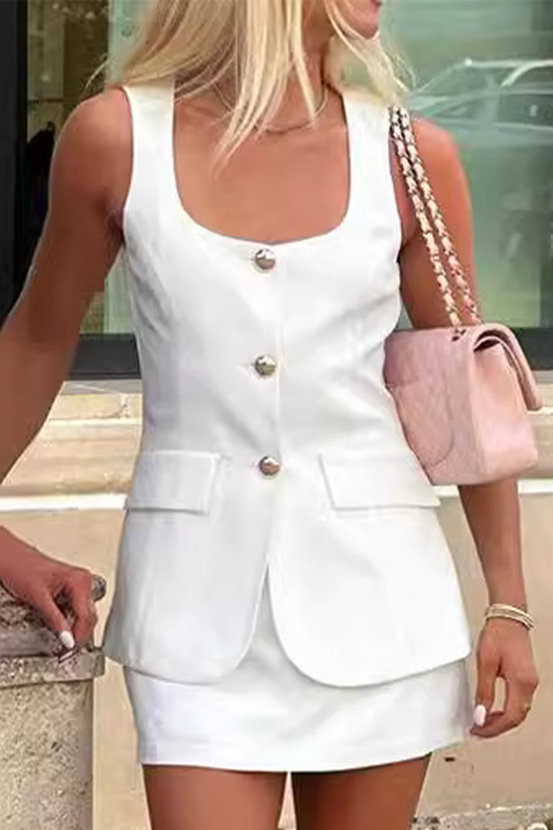 Conjunto de dos piezas sin mangas con cuello en U y botones de color sólido sexy