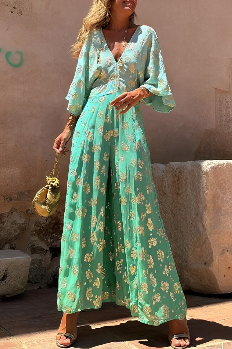 Mono holgado informal de diario con estampado degradado y estampado bronceado y cuello en V