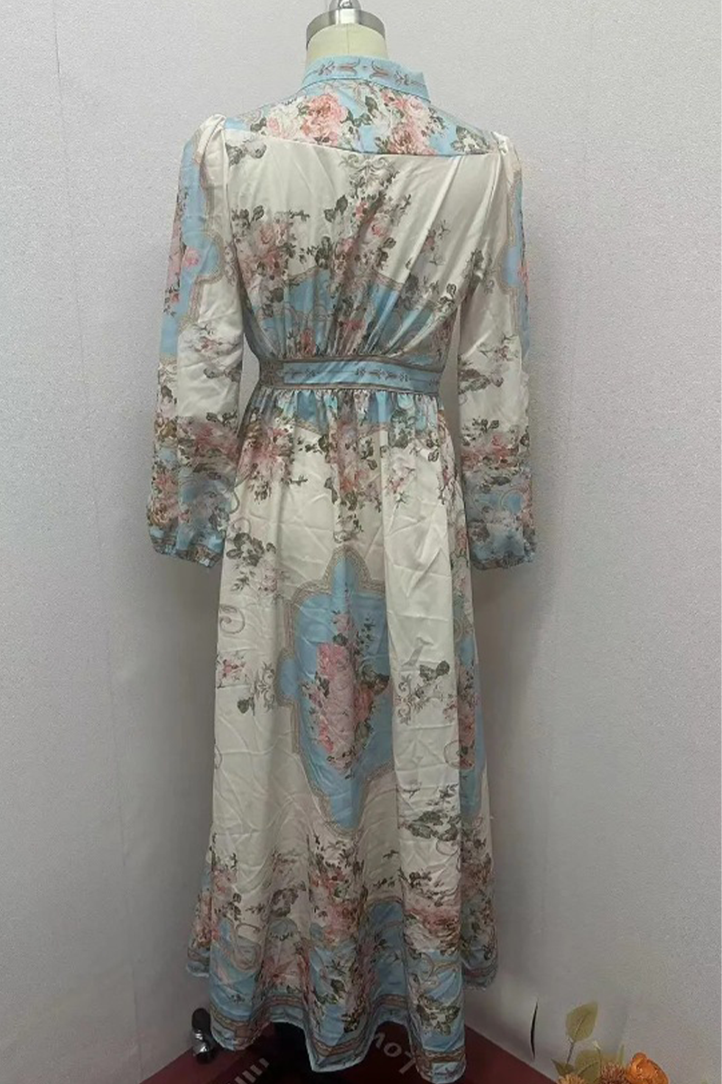 Elegante vestido de corte A con escote en V y hebilla con estampado floral