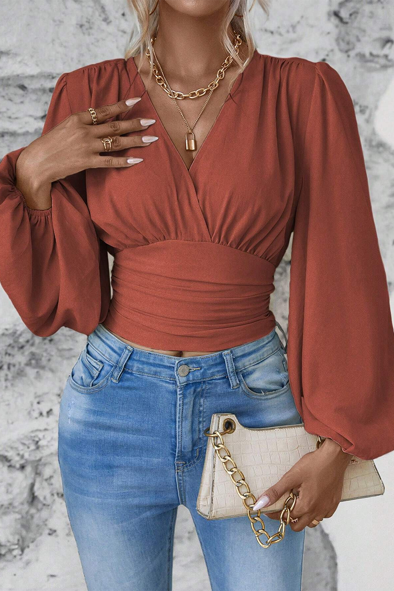 Blusas elegantes de cuello en V fruncidas de color liso para uso diario (6 colores)