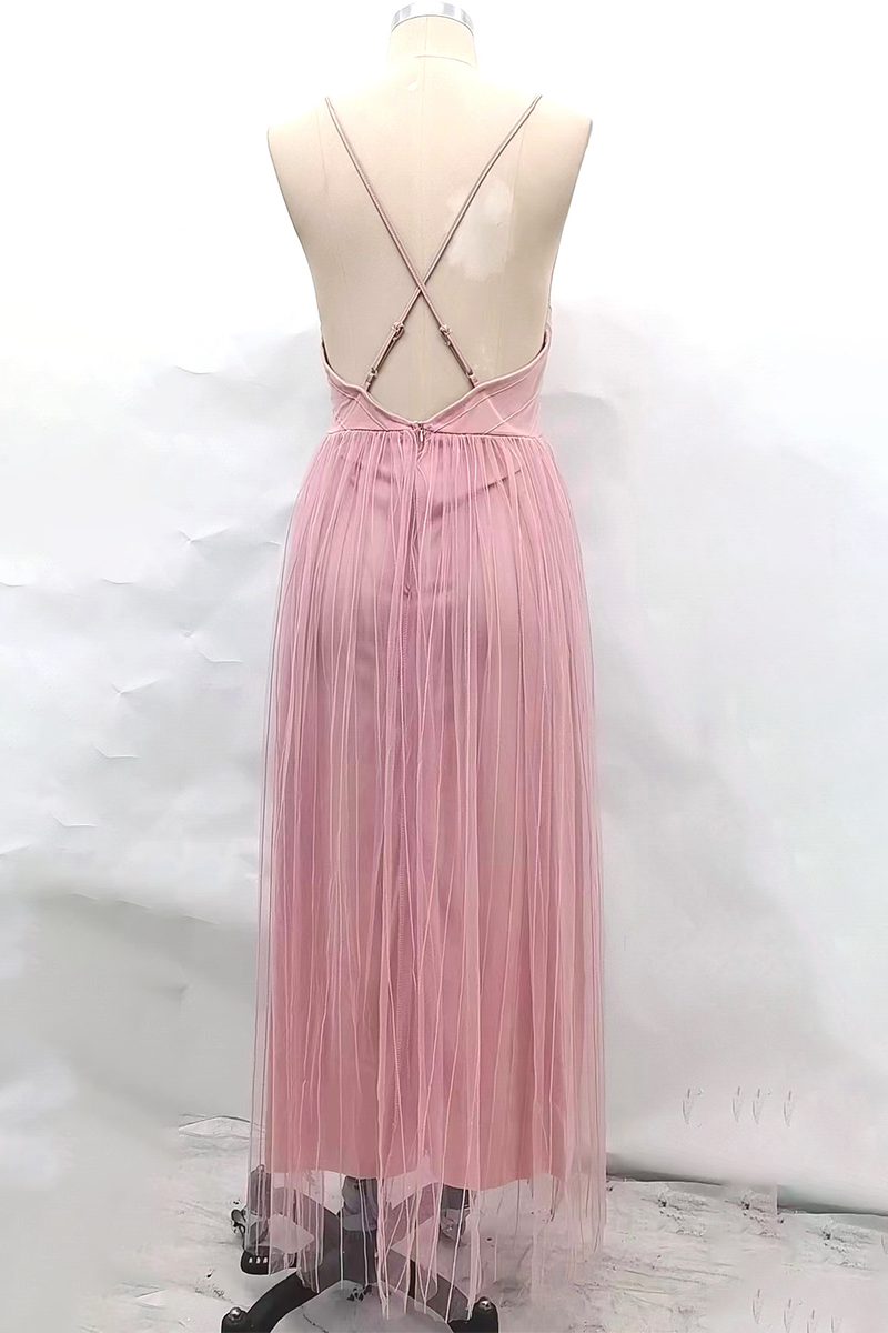 Vestidos de noche sexys de color sólido con espalda descubierta y escote en V de malla