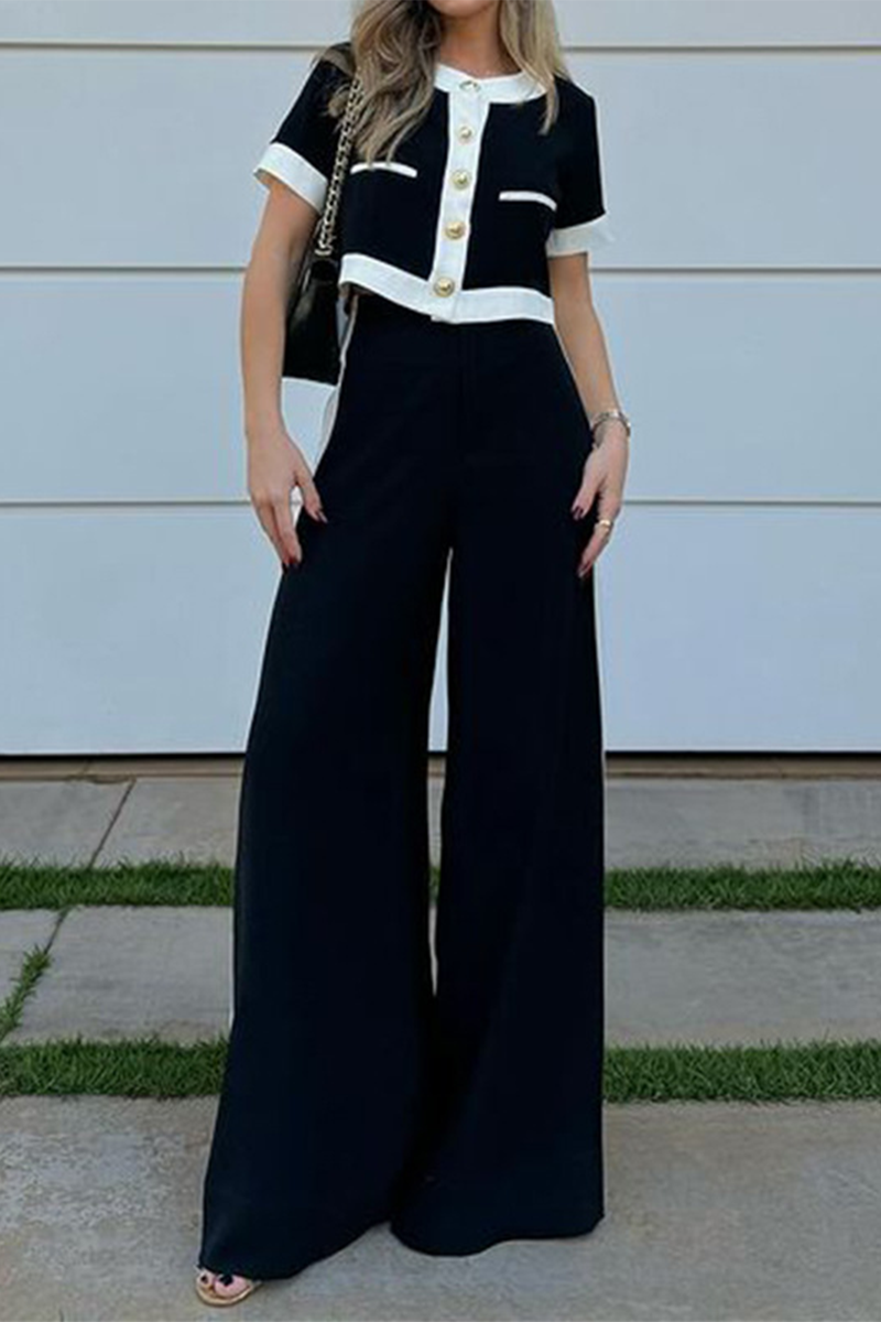 Conjunto informal de dos piezas de manga corta con botones en contraste de color liso para calle