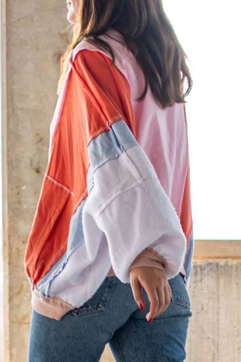 Prendas de abrigo informales con cuello redondo, diseño de patchwork desgastado y bloques de color