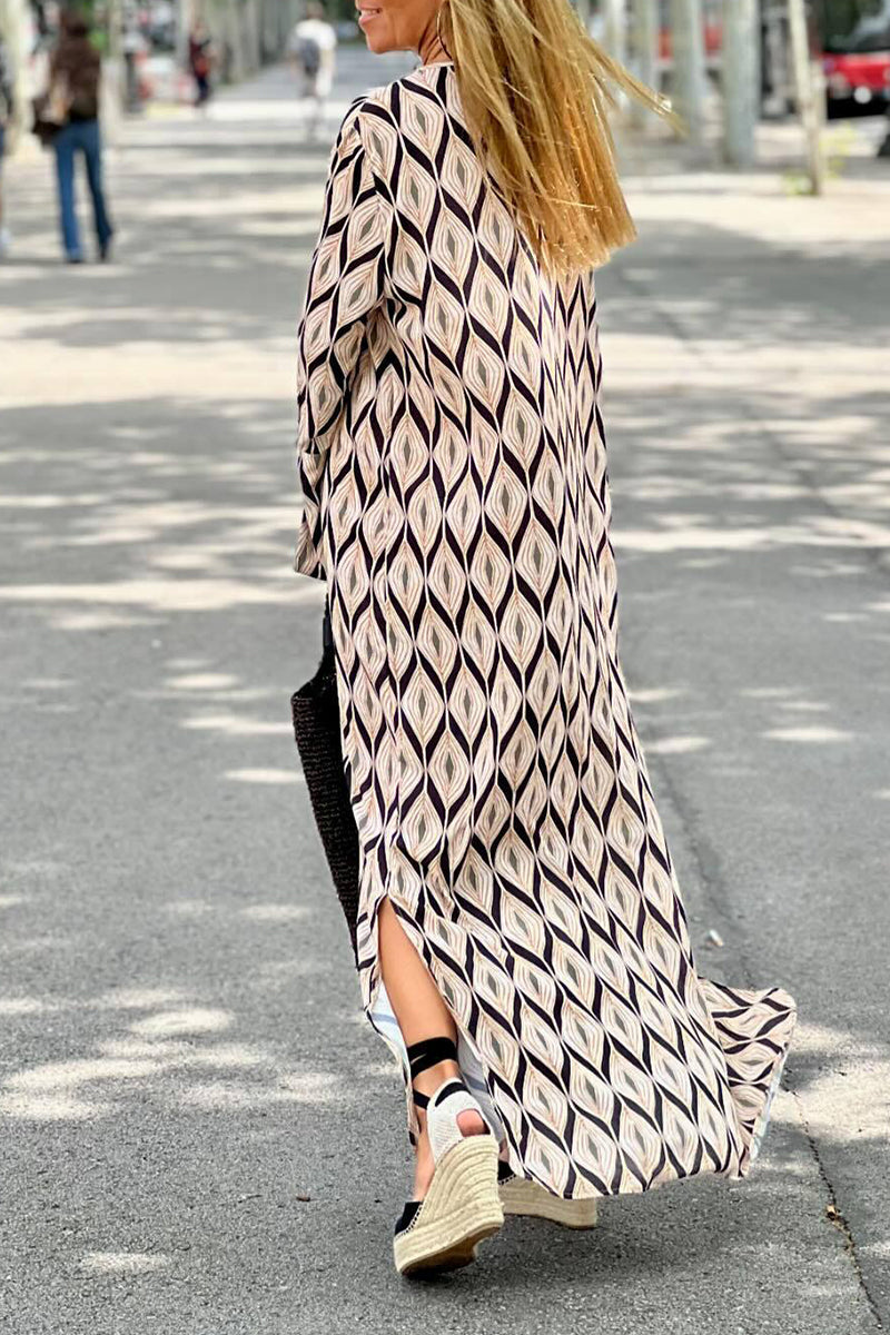 Vestido casual con cuello en V y estampado geométrico de patchwork