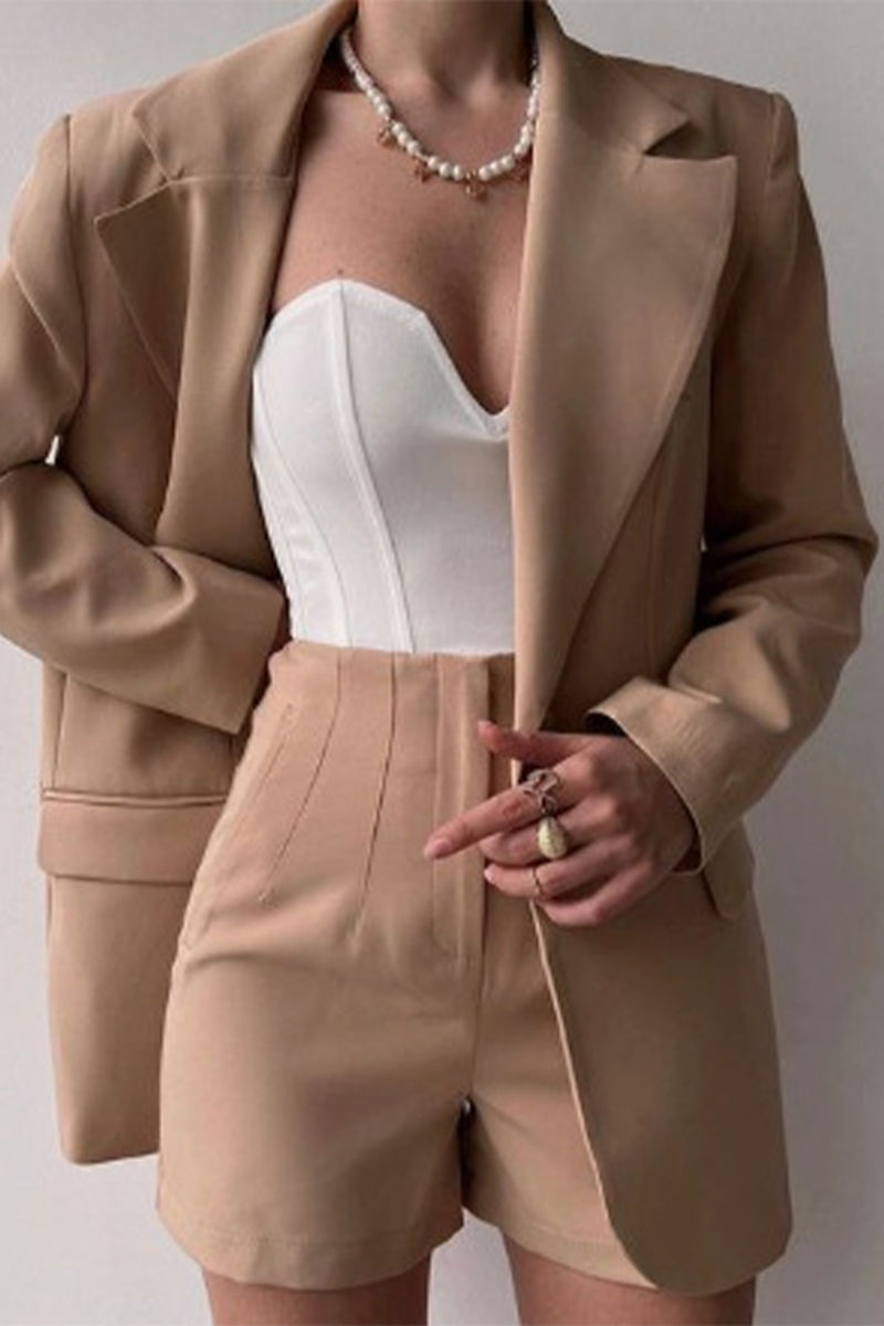 Conjunto informal de dos piezas con botones, cuello vuelto, manga larga, color liso (5 colores)