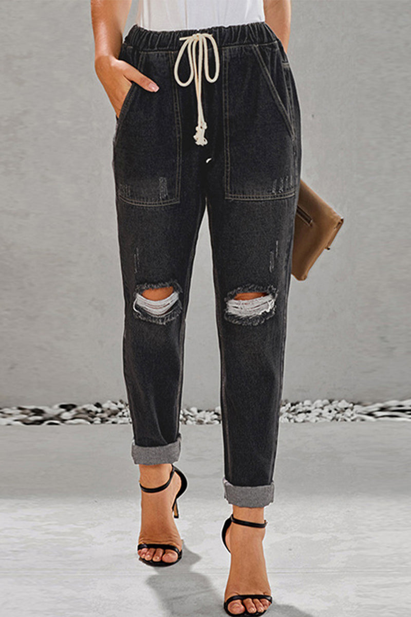 Vaqueros casuales de calle de color liso con bolsillos y cordón ajustable (4 colores)