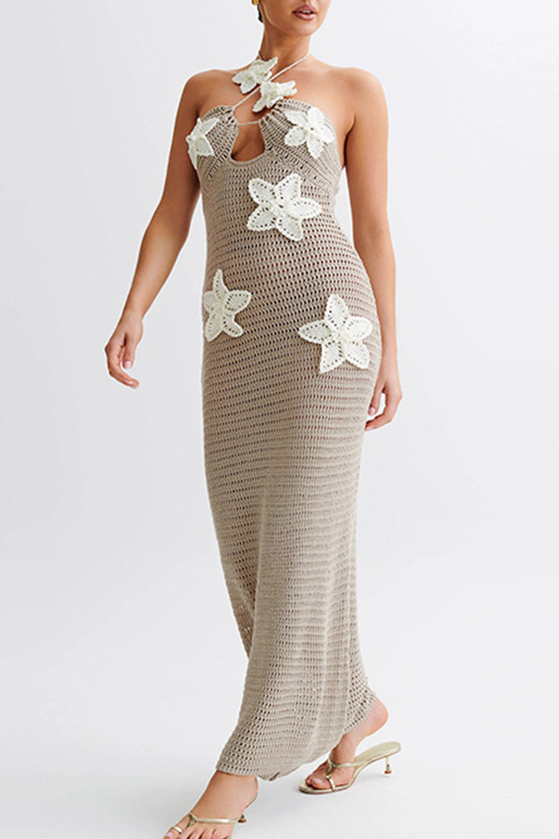 Vestidos largos con cuello halter, espalda descubierta y diseño de tiras, con flores sexys y retazos calados (3 colores)