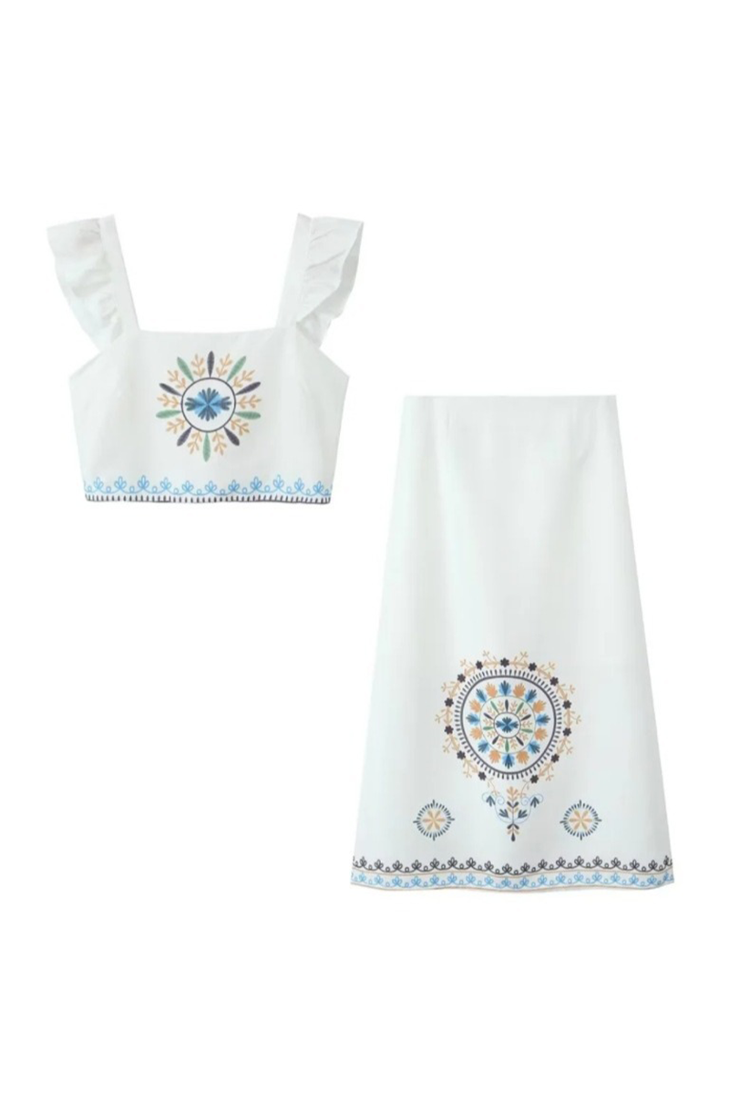 Conjunto informal de dos piezas con cuello cuadrado, volantes y estampado floral para vacaciones